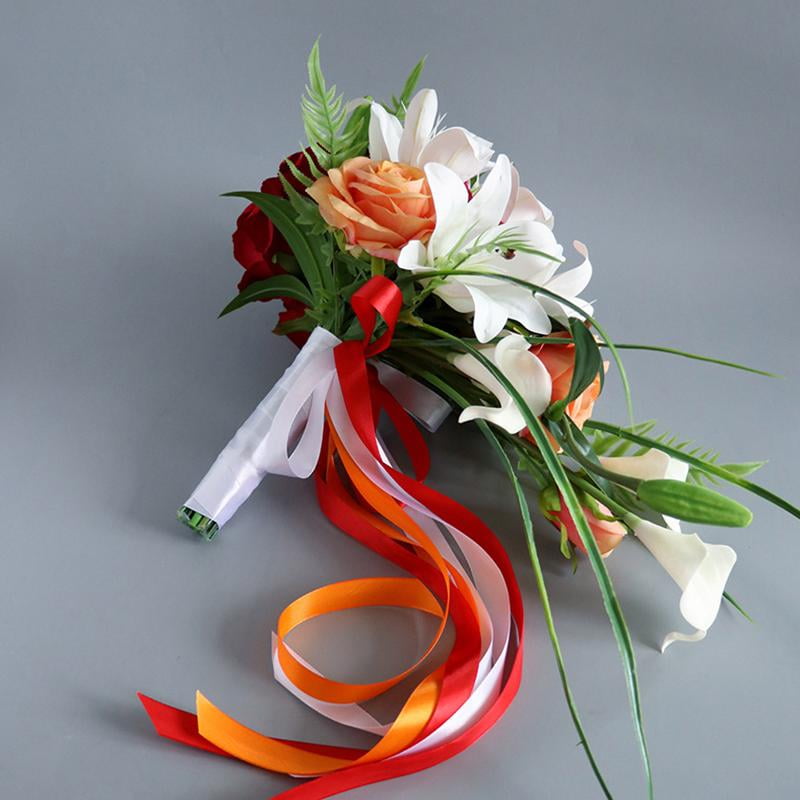 Zeiwohndc Artificial Lily Cascading Bridal Bouquet with Green Leaves Satin Ribbon Handle Water Drop Style Waterfalls Rose Wedding Holding Flower Party Photo Props