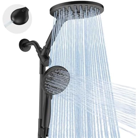 Dual Handheld Shower Head Combo, 2-in-1 Rain Shower Heads System 8 Inch Rainfall Shower Head and 10 Modes High Pressure Hand Held Showerhead with Built-in Power Wash Black,Standard-Round