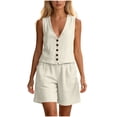 thumbnail image 2 of Costeam Womens Linen Blend 2 Piece Outfit Sleeveless V Neck Button Down Vest High Waist Shorts with Pockets Casual Summer Matching Set Lightweight Breathable, 2 of 7
