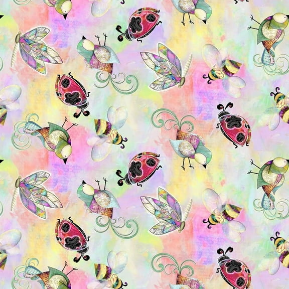 3 Wishes Fabrics Dragonflies Birds and Bugs Multicolor 100% Cotton Fabric sold by the yard