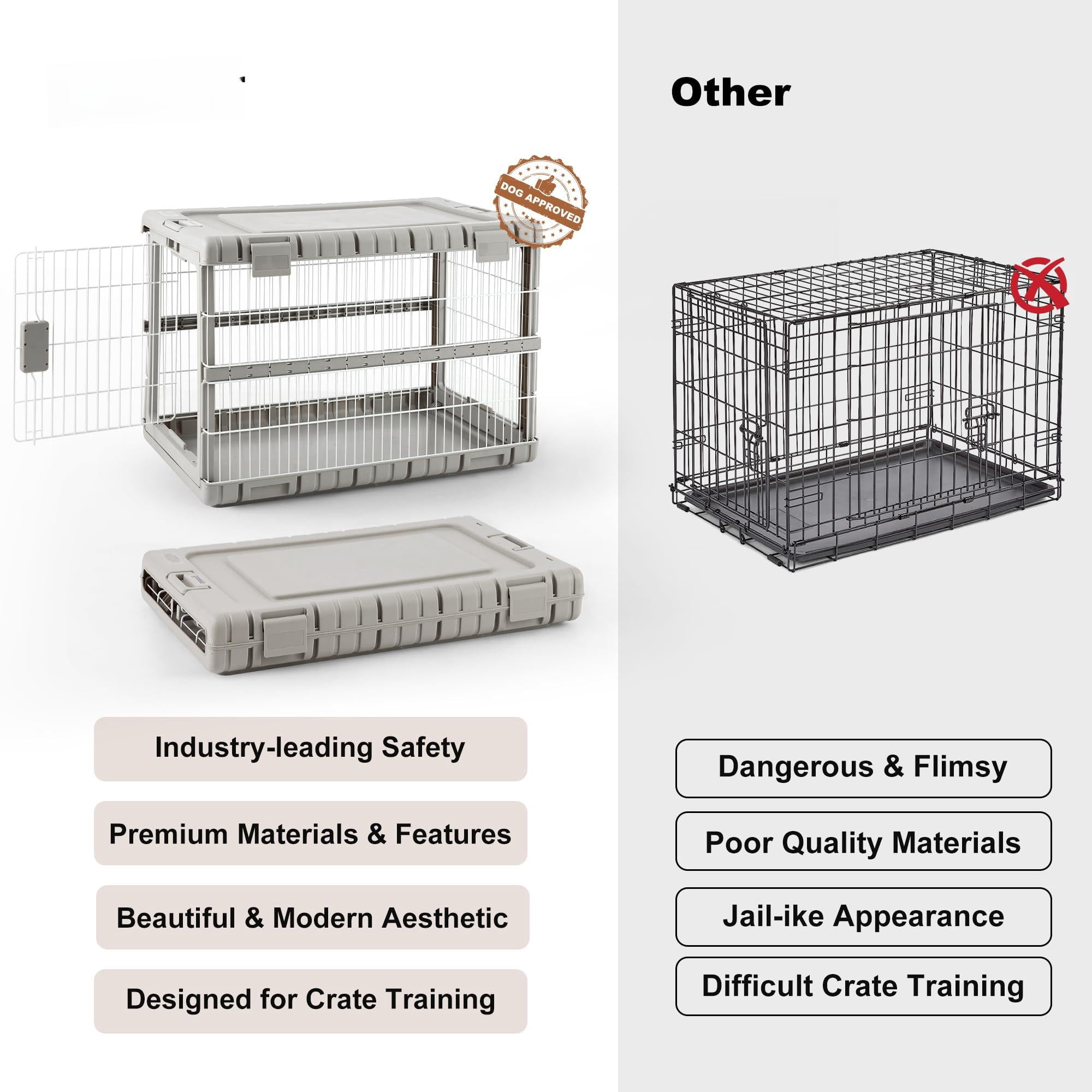 Collapsible Dog Crate For Dogs - 28" L Heavy Duty Kennel No Tools Required With 4 Sides Steel Foldable Cage Indoor Furniture  Portable Carrier 2 Smooth Wheels Beige