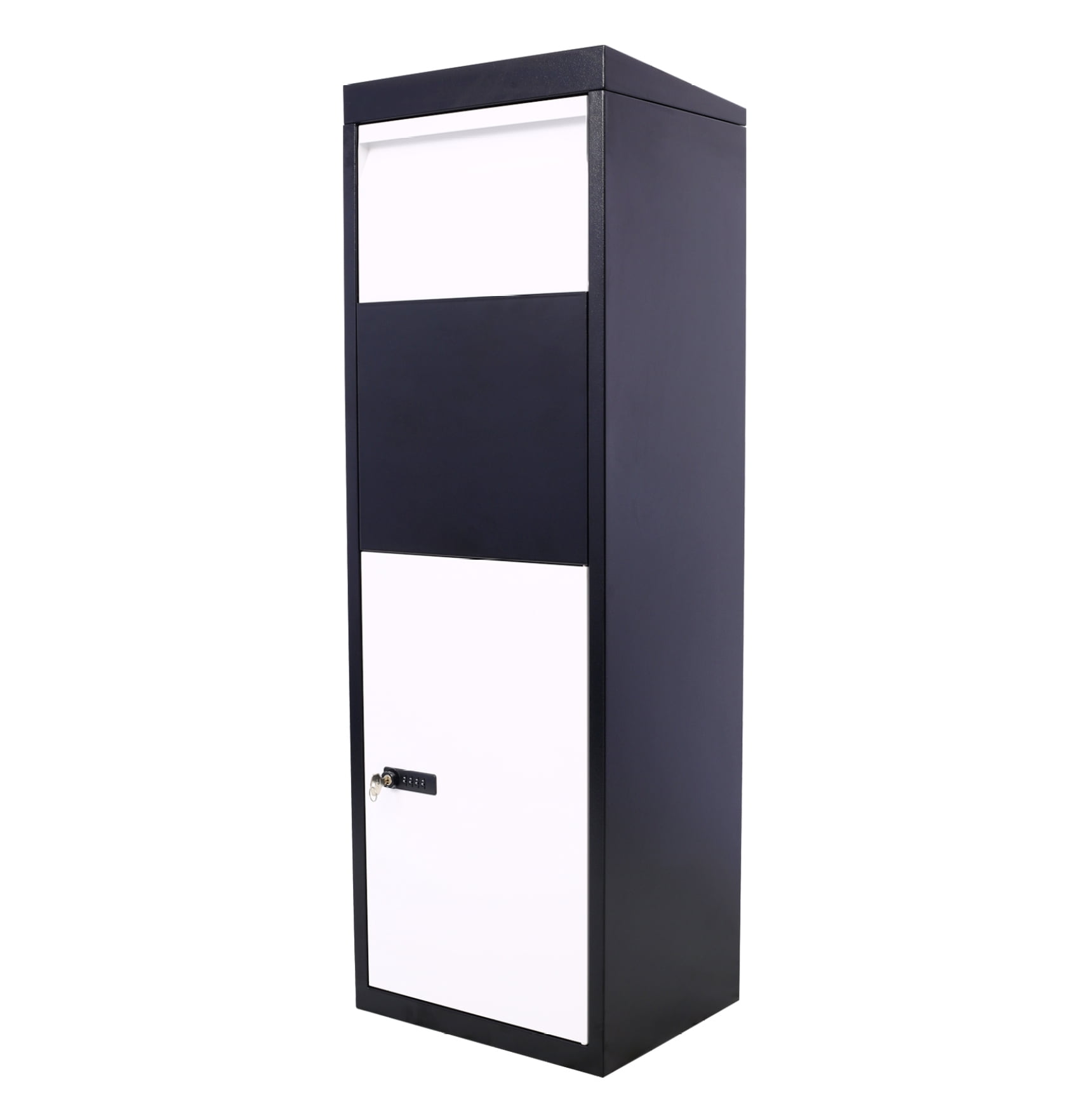 Package Delivery Box - Galvanized Steel Mailbox with Code Lock - Secure Parcel Drop Box for Porch, Curbside - 14''x11.3''x42'', Black & White