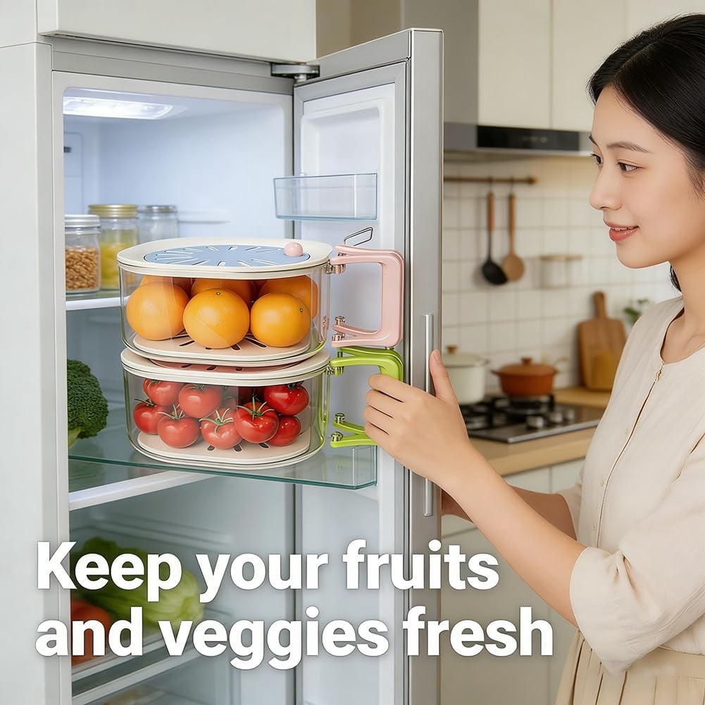 Fruit Storage Containers for Fridge with Colander, 2-in-1 Fruit Washing Bowl with Handle, Stackable Produce Saver for Kitchen Counter