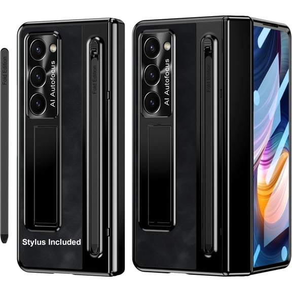 Compatible Samsung Galaxy Z Fold 6 Case with Fold 6 New Slim S Pen (2024) Holder & Generic Stylus, Hinge Protection, Leather Back, Screen Protector, Wireless Charging, Stand Cover 5G 2024,Black