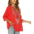 thumbnail image 4 of Women's Summer Boho Embroidery Mexican Bohemian Tops V Neck 3/4 Sleeve Causal Loose Shirt Blouse Tunic, 4 of 6