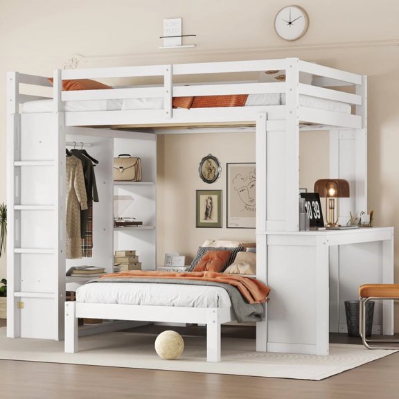 [Luckynote]Full XL/Full over Twin Bunk Bed with Dismountable Lower Bed and Desk, Solid Wood Bunk Beds Frame with Built-in Shelves and Wardrobe, Can be Converted into Loft Bed, White