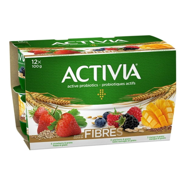 Activia Yogourt avec probiotiques et fibres, Grains et fraise, Grains et mûres sauvages, , Grainset mangue 2.9% M.G., 100g (emballage de 12) 12 x 100g