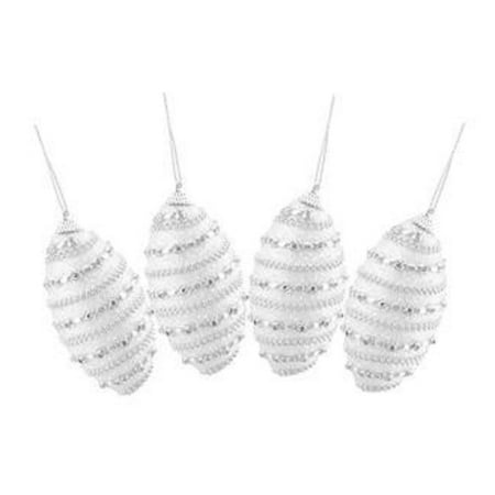 - 4ct White and Silver Beaded Shatterproof Christmas Finial Ornaments 4.5
