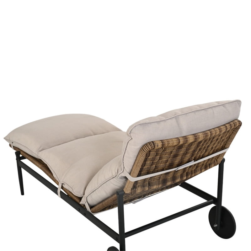 1Pcs Outdoor Poolside Chaise Lounge Single Daybed with Wheels, Patio Rattan Lounge Chair with Cushion