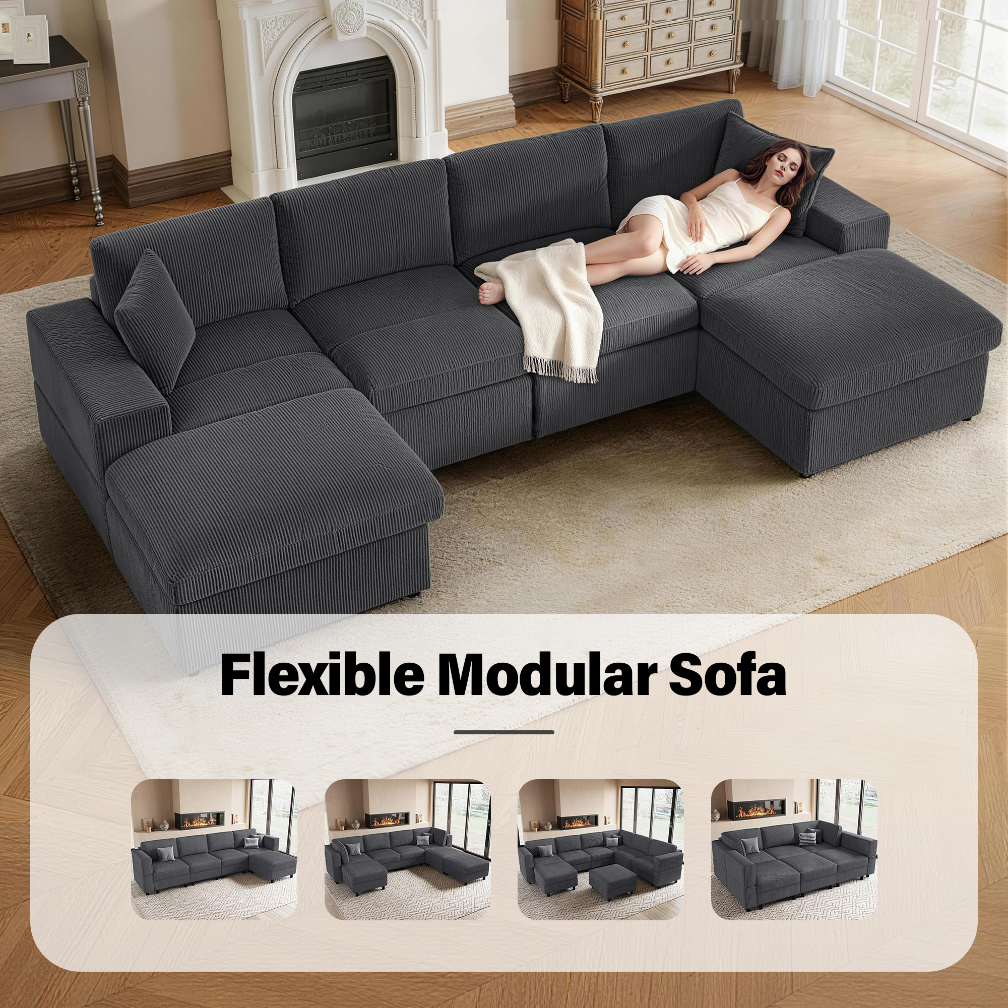 AENKYO U-Shaped Modular Sectional Sofa, Deep Seat Convertible Couch with Chaise for Living Room,Dark Gray