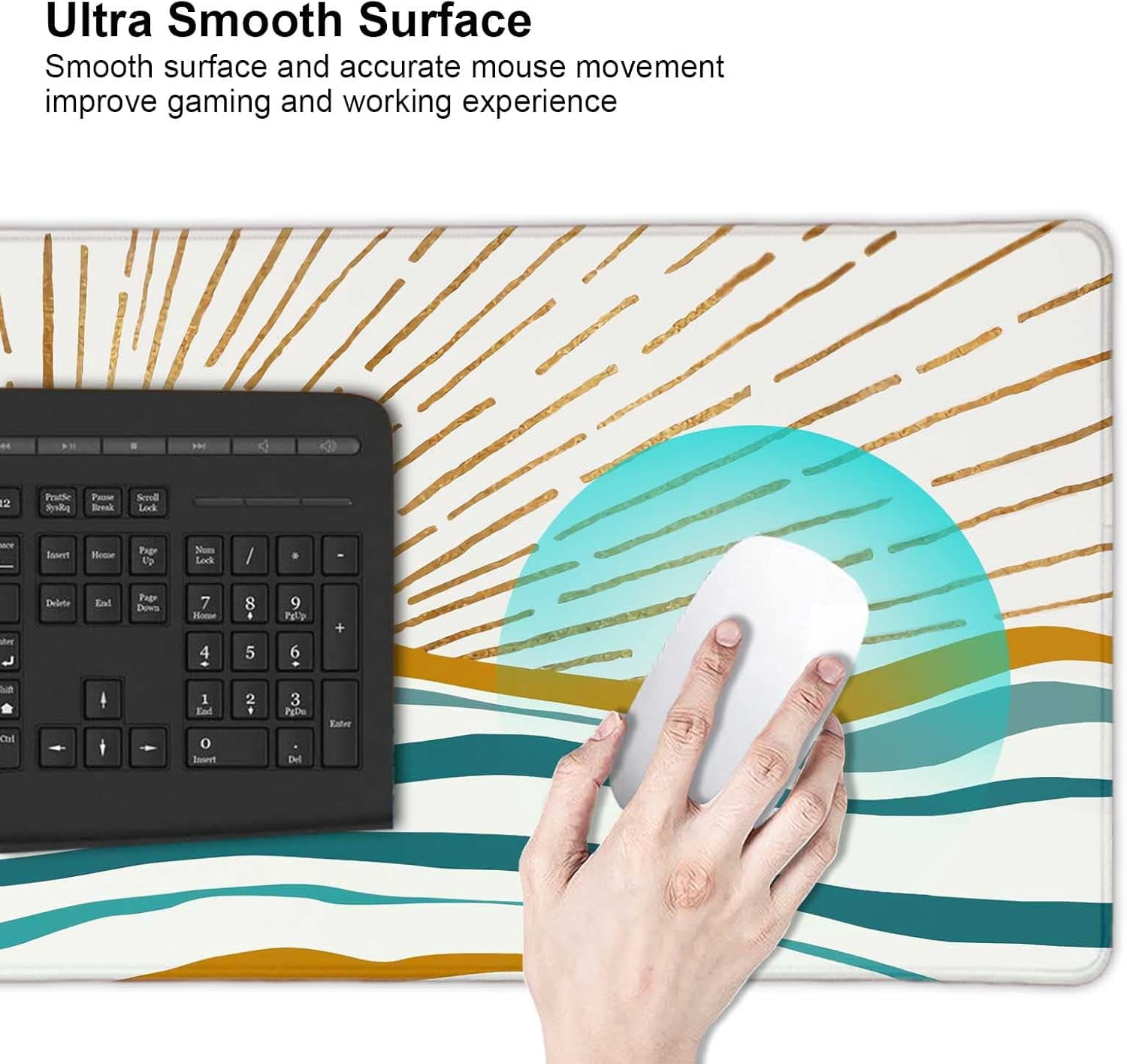 Large Gaming Mouse Pad, Keyboard Mouse Mat,Non-Slip Rubber Base Mousepad with Stitched Edges, Waterproof Keyboard Mouse Mat Desk Pad for Work, Laptop, 31.5 X 11.8 Inch, Gold Sun and Teal Ocean Waves