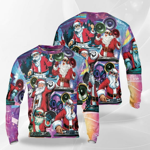 DJ Santa Christmas Sweatshirt, Funny Music Party Crewneck, Santa Claus Mixing Beats Holiday Pullover for Men Women
