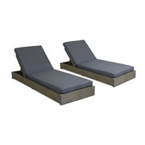 GDF Studio Lindero Outdoor Acacia Wood Armless Adjustable Chaise Lounges with Cushion, Set of 2, Gray and Dark Gray
