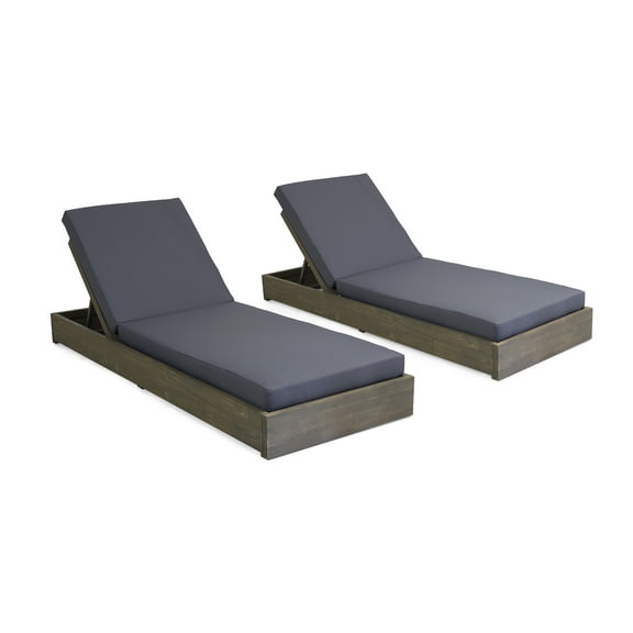 GDF Studio Lindero Outdoor Acacia Wood Armless Adjustable Chaise Lounges with Cushion, Set of 2, Gray and Dark Gray
