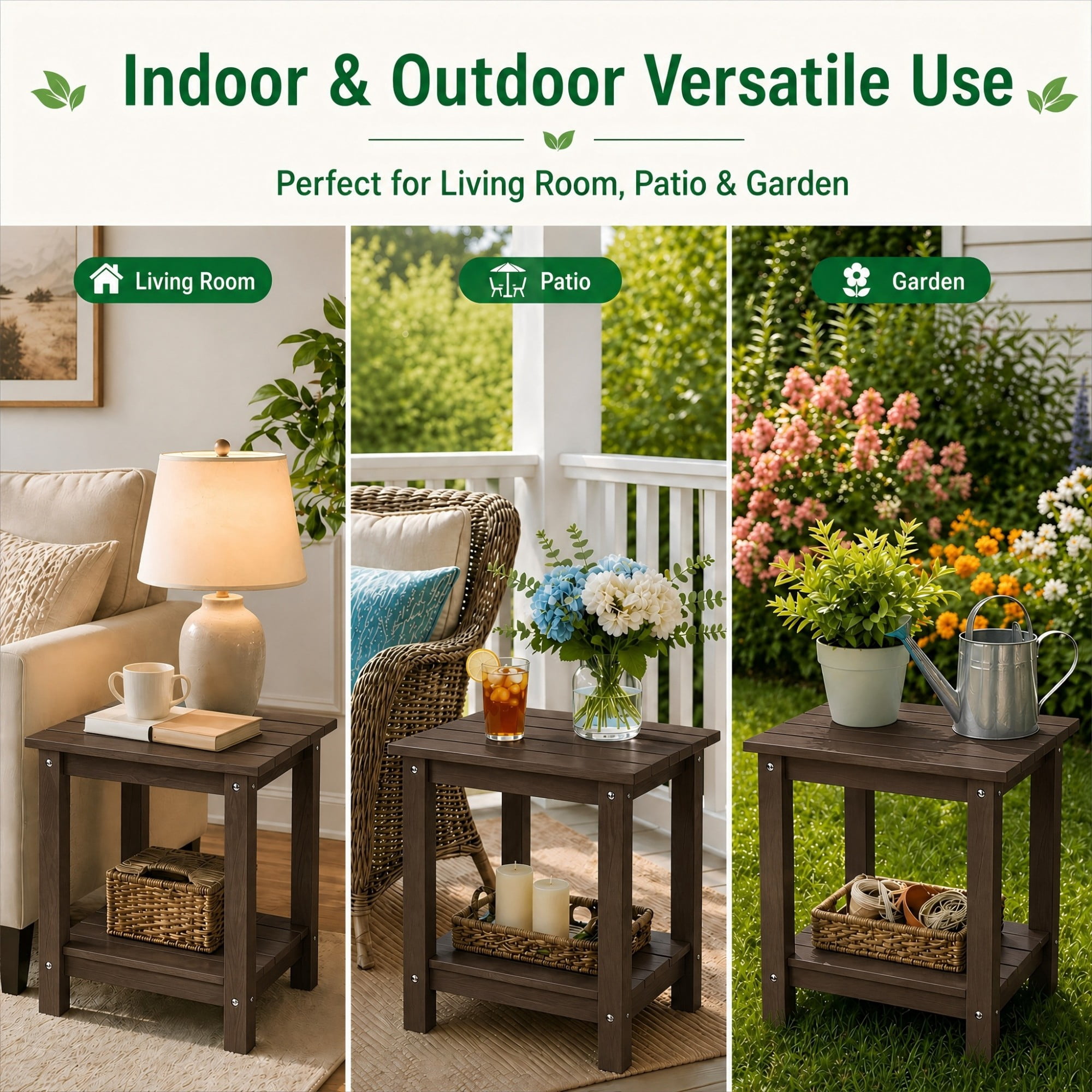 Y&M Outdoor Side Table, HIPS Adirondack Small Double Layer Table, Waterproof Square Balcony Modern End Tables for Patio, Pool, Beach, Porch, Deck, Indoor or Outdoor Use, Coffee