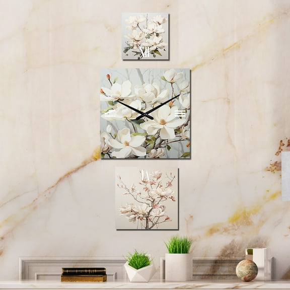 Designart "Beautiful Full Blooming Beige and Green Magnolias" Magnolias Oversized Wall Clock - Set Of 3 - Extra large Clock For Office Décor - Large Traditional Wall Clock