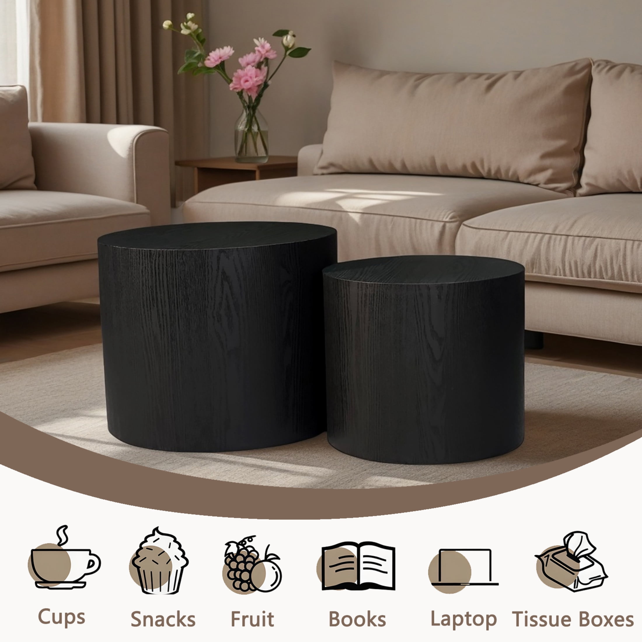 Noble House Nesting Coffee Table, Modern Round Wood Side Table, for Living Room, Balcony, Matte Black, Set of 2