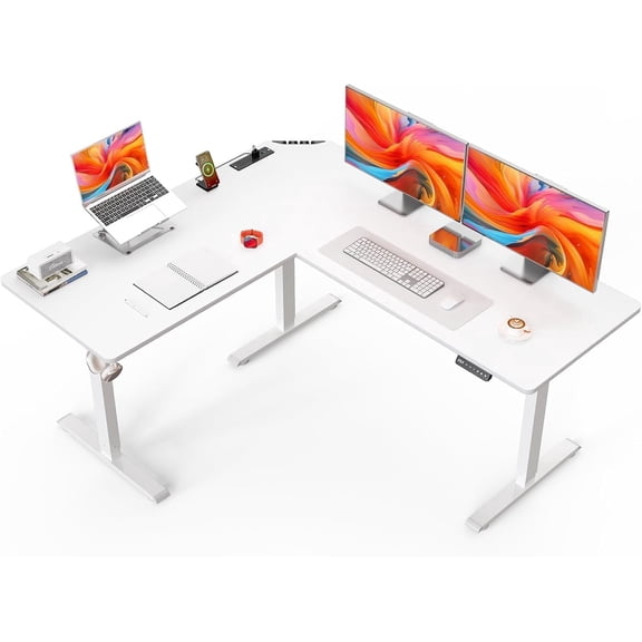 Kingant 63"x55" Reversible L-Shaped Electric Standing Desk with Charging Station, Adjustable Corner Computer Desk, White