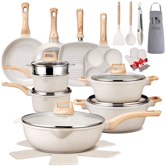 27PCS Pots and Pans Set, Nonstick Ceramic Cookware Set, Healthy Kitchen Cooking Set with Gloves, Apron, Silicone Tools & Pot Protectors, Oven & Dishwasher Safe，Ivory