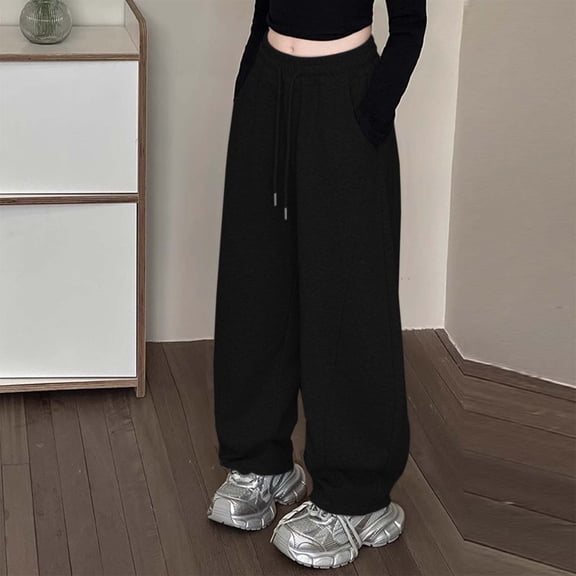 FYDUU Girls Sweatpants Baggy Elastic Waist Drawstring Jogger Pants Solid Color Straight Leg Casual Trousers Loose Athletic Pants Cozy Sweatpants 5-6 Years