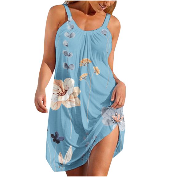 Umfun Women Summer Sundresses for 2023, Casual Plus Size S to 2XL Dress, Boho Floral Printed Dress Sleeveless T-shirt Beach Mini Dresses Blue