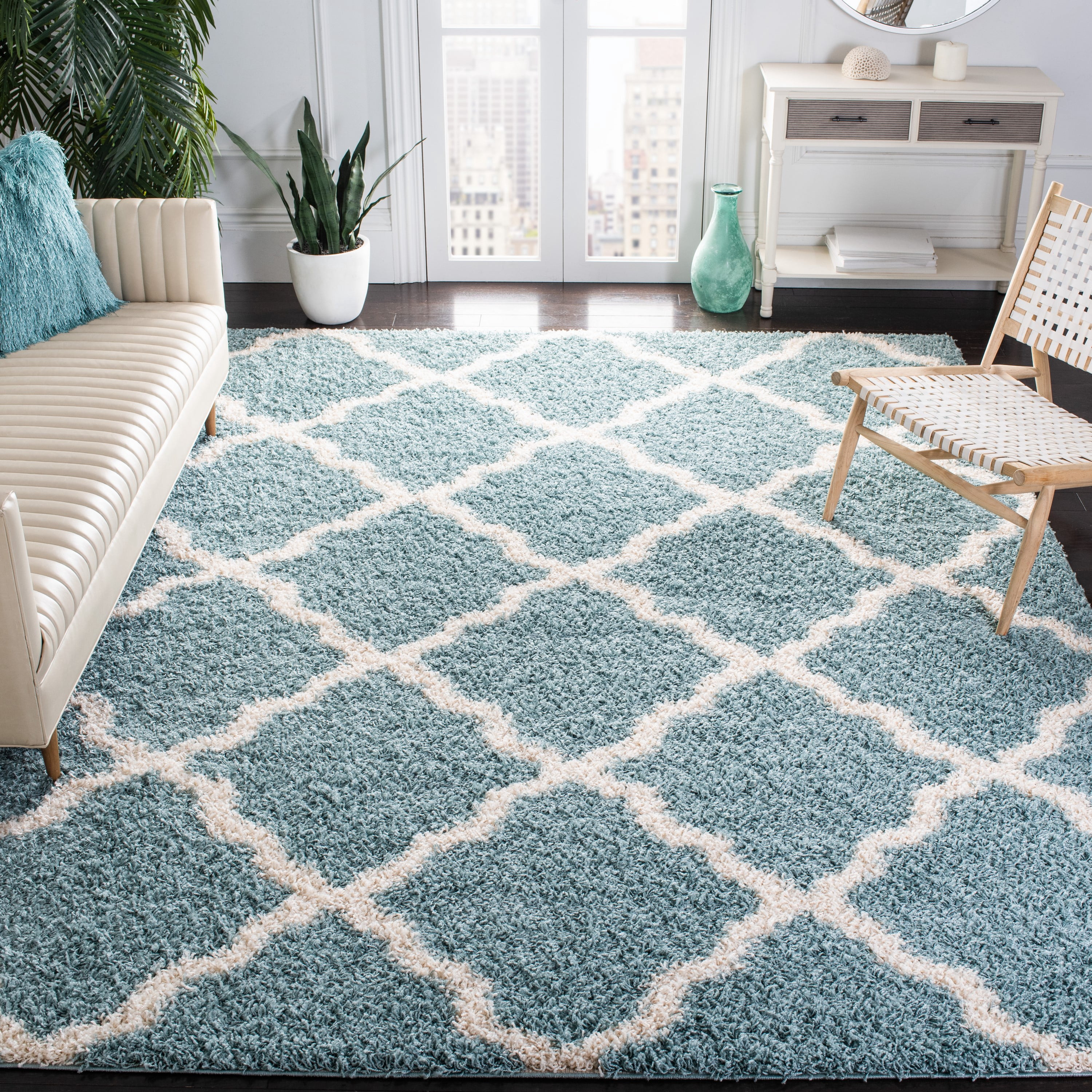 SAFAVIEH Dallas Logan Geometric Shag Area Rug, Seafoam/Ivory, 10' x 10' Square