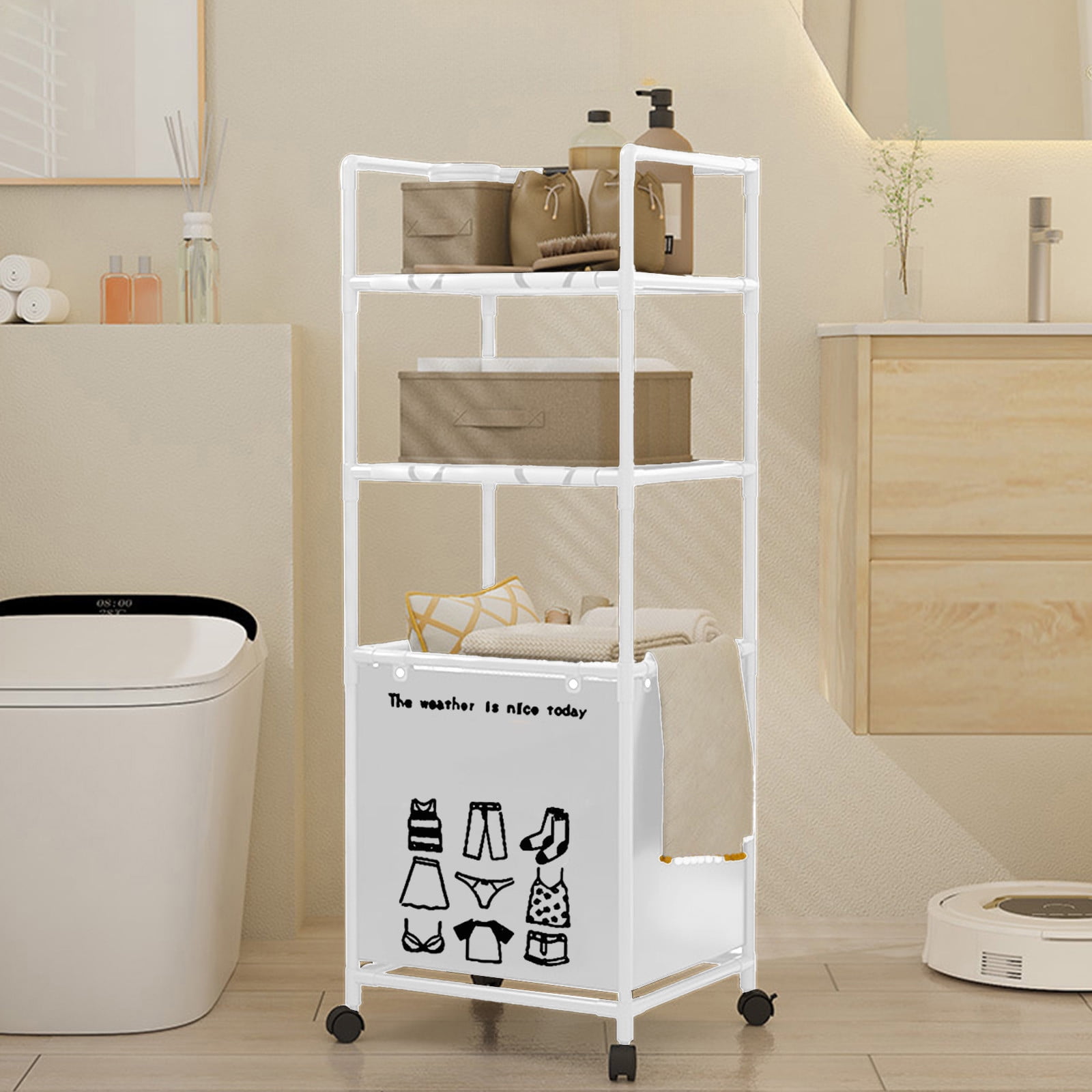 Wzzjkit 3 Tiers Laundry Hamper with Wheels, Tall Laundry Basket Sorter, Ladder Shelves with Clothes Organizer for Bathroom Bedroom