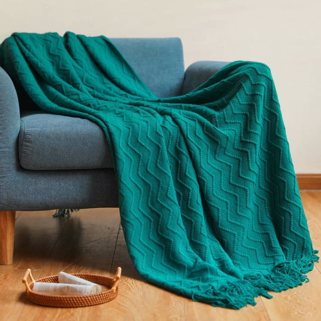 Manta de sofá, manta gruesa, manta de punto con pompón, manta de escritorio para aire acondicionado, manta para el extremo de la cama, manta para siesta (azul