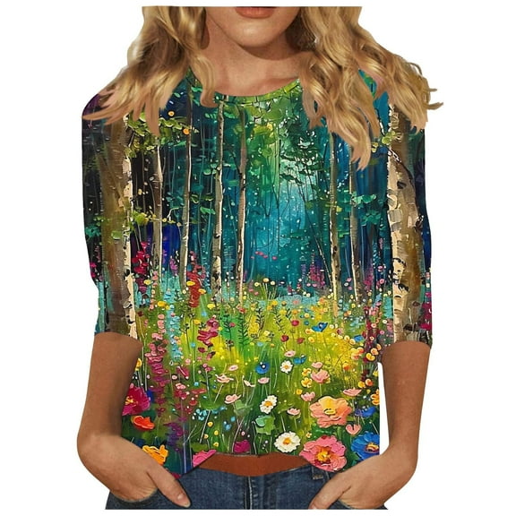 CYMMPU Vintage Floral Printed 3/4 Length Sleeve Shirts Summer Fall Business Work Blouses Crewneck Basic Tees Fashion Tunic Tops 2025 Clothes for Women Multicolor M