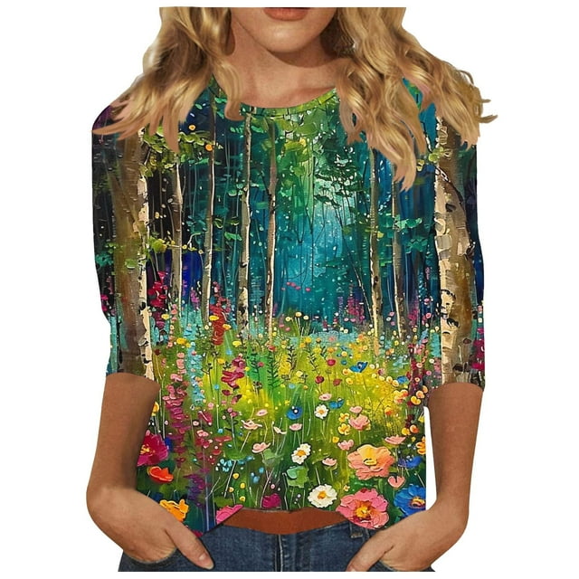 Tnhcen Hauts Basiques à Manches 3/4 Col Rond Imprimé Floral d'Automne pour Femmes - Grande Taille Chemises Amicales d'Automne P-3TG