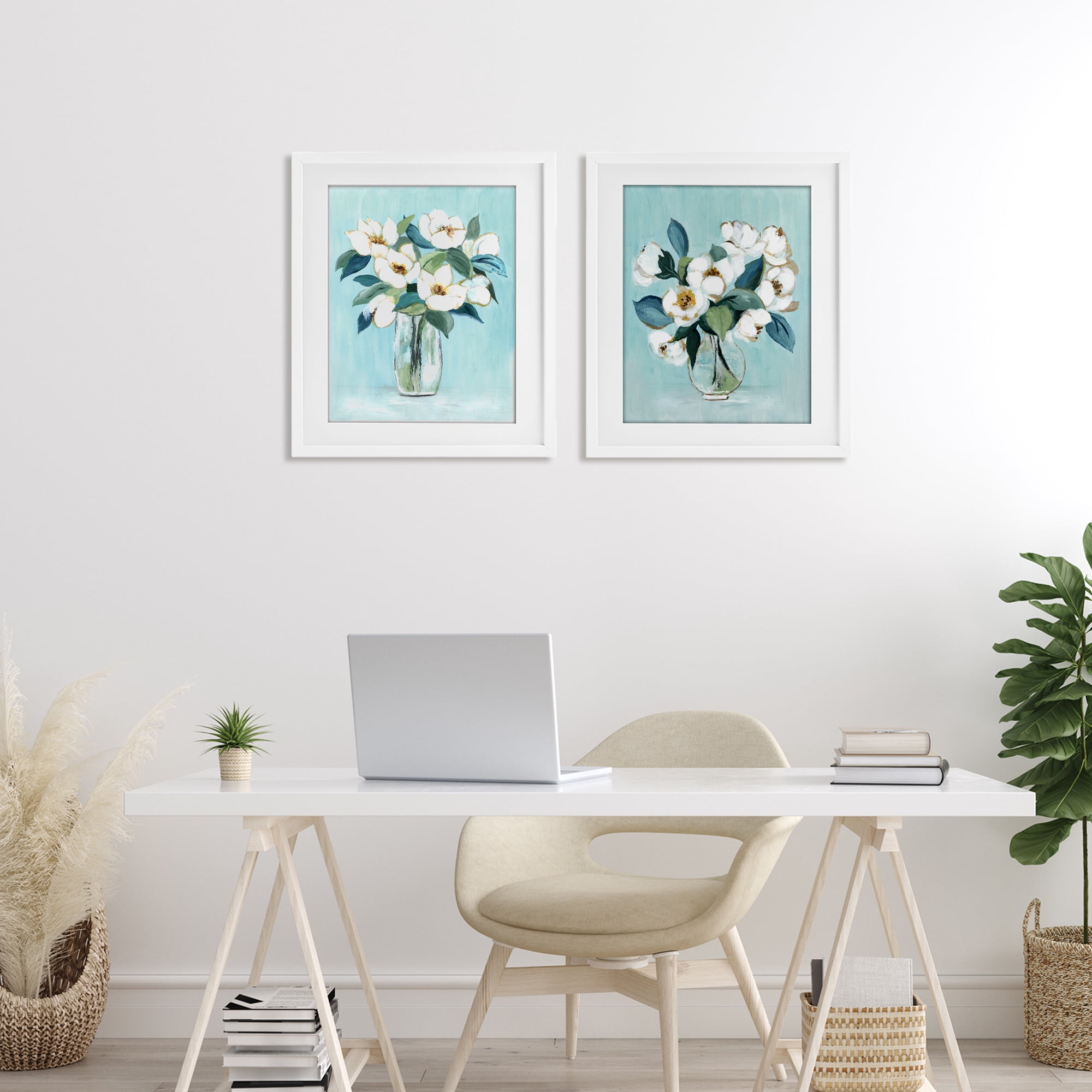 Stupell Industries Magnolia Blossom Vases 2 Piece White Framed Print Under Glass Set, design by Janet Tava