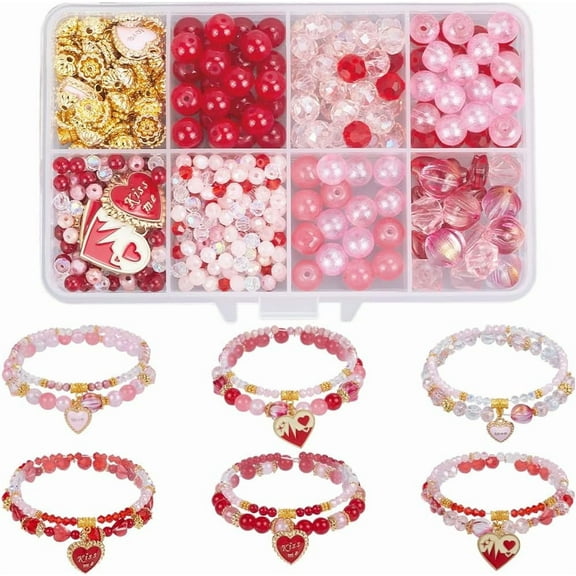 1 Box 602Pcs DIY 6 Sets Valentines Bracelet Making Kit Multi Layer Bracelets Heart Charms Love Charm Romantic Pink Red Glass Spacer Beads