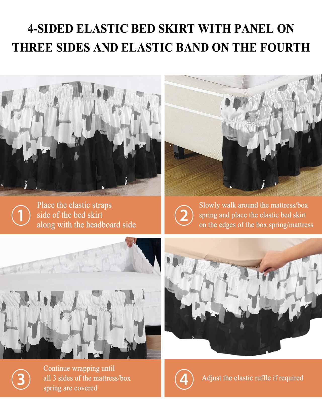 Graffiti Black White Texture Bed Skirt Dappled Paint Art Decoration Bed Skirts King Size 18 Inch Drop, Wrap Around Dust Ruffle&nbsp;Bedskirt with Adjustable Elastic Belt for Queen Size Beds