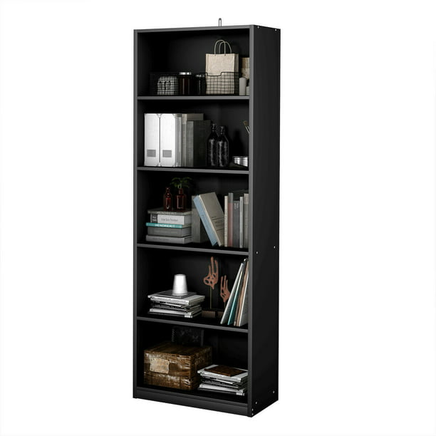 Gymax 5 Shelf Bookcase Storage Display, Large Black Bookcase With Doors