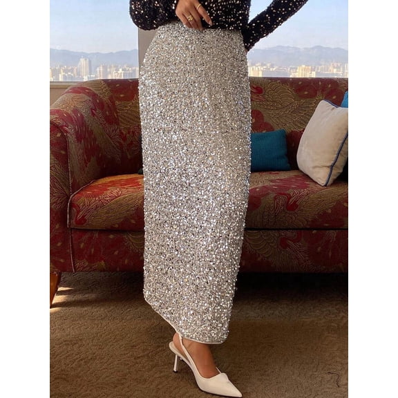 Silver Sequin Embellished Maxi Skirt With Side Slit For Women Holiday Party Elegant Evening Wear