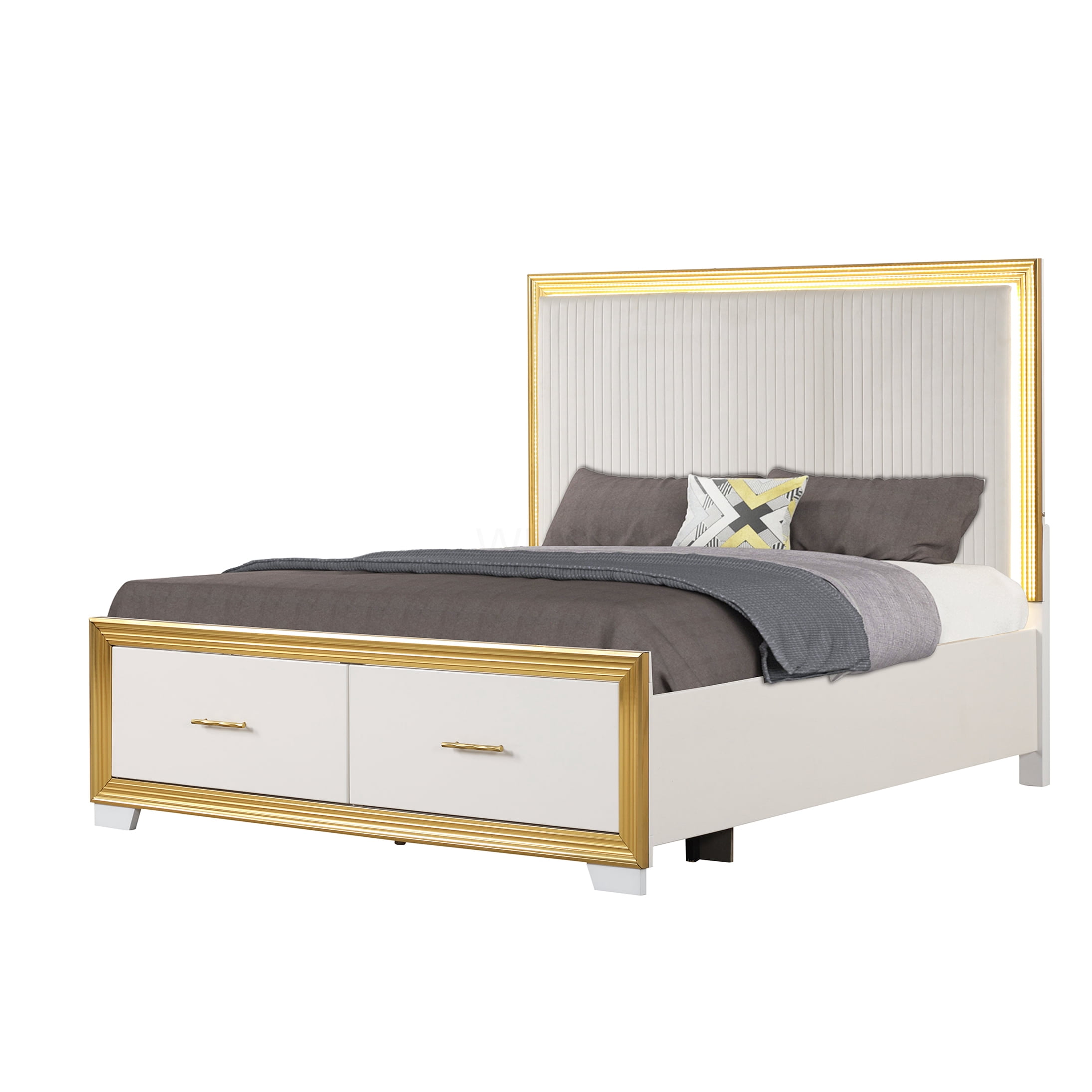 Queen Size Bed Frame with LED Headboard and Storage, Upholstered Platform Bed with Gold Finish