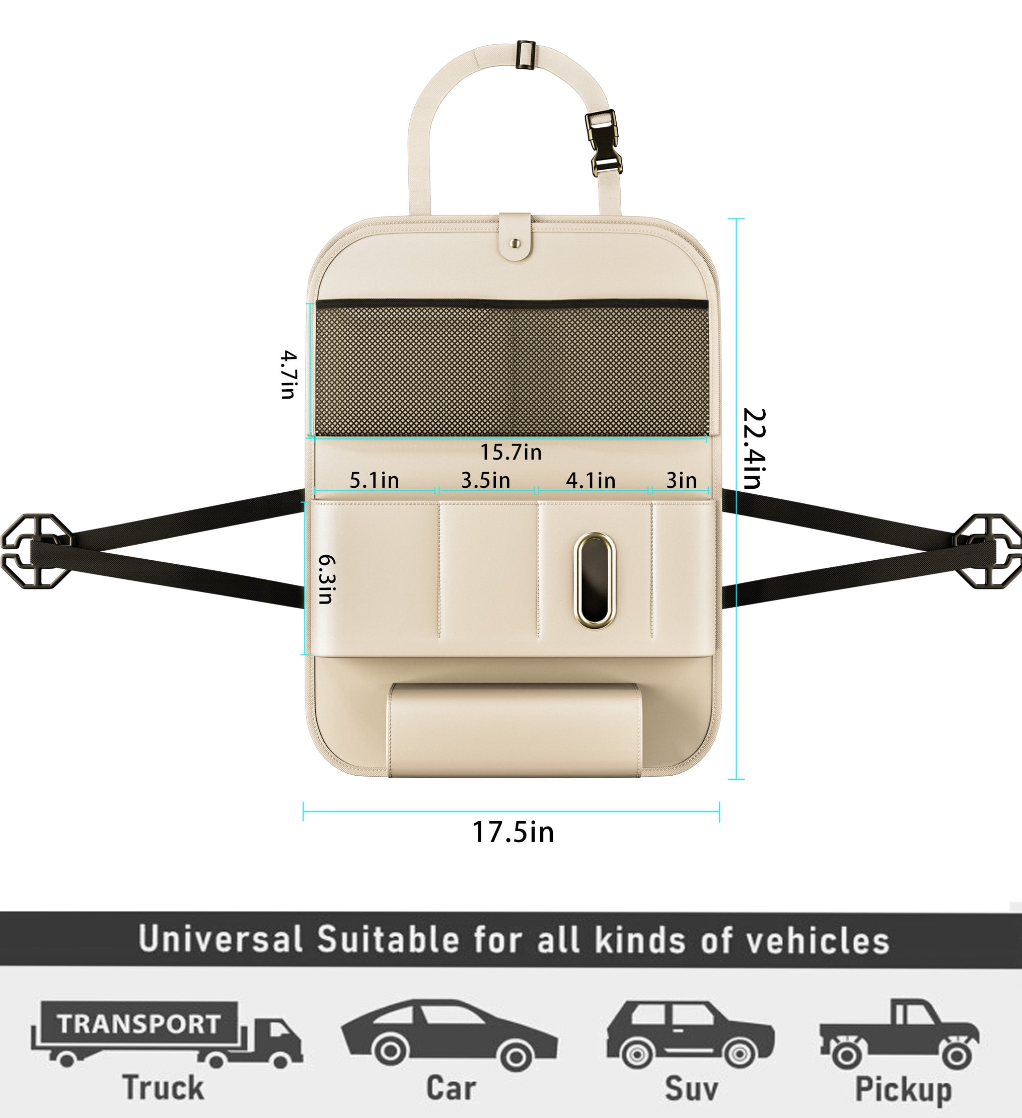GMQ Backseat Car Organizer with Tray 1 Pack,Multifunctional Seat Back Organizer for Kids with Storage Pockets,23 in x 16 in(Beige)