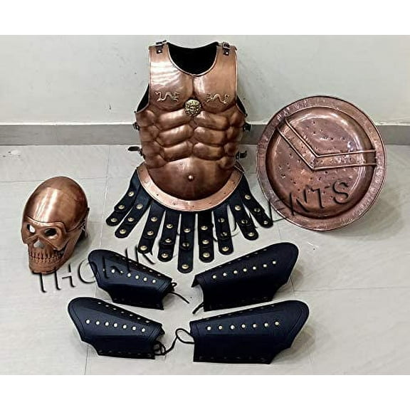 Medieval Copper Skull Helmet Muscle Jacket Leather Leg ARM Guards Armor Spartan Shield