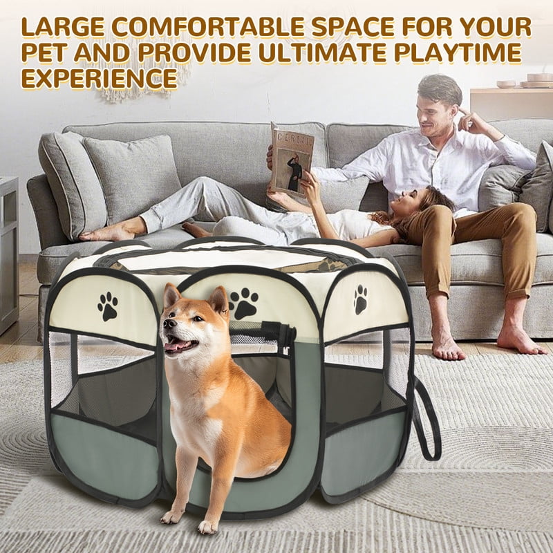 Foldable Octagon Pet Playpen Tent, Oxford Cloth Scratch-Resistant, For Cats & Dogs, 360° Ventilation, Grey，S