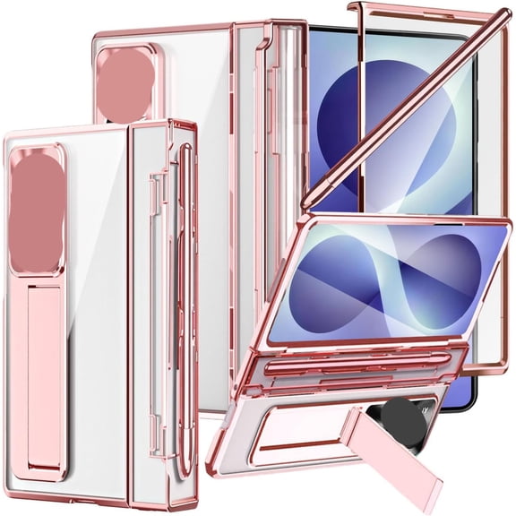 GJX for Galaxy Z Fold 8 Case with S Pen Holder, 5 in 1 Hidden Stand Flat Hinge Screen Protector Kickstand Phone Cover for Z Fold 8, Clear Rose Gold
