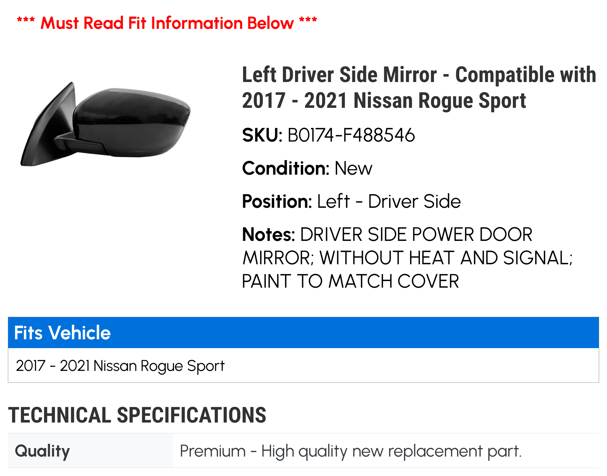 Left Driver Side Mirror - Compatible with 2017 - 2021 Nissan Rogue Sport 2018 2019 2020