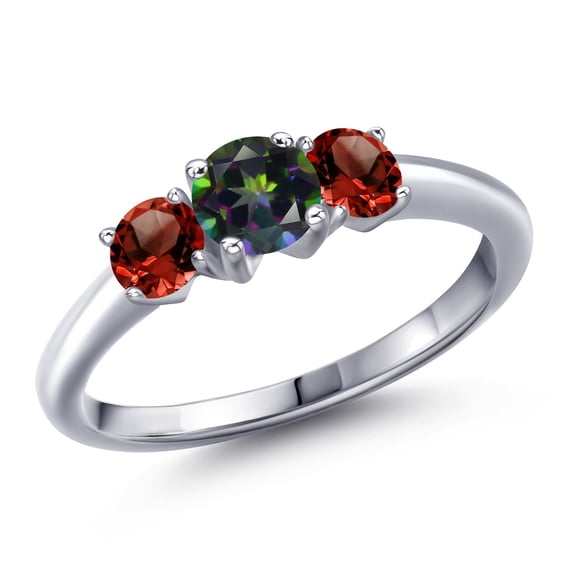 Gem Stone King 925 Sterling Silver Green Mystic Topaz and Red Garnet Engagement Ring for Women | 1.29 Cttw | Round 5MM | Gemstone November Birthstone | Size 6