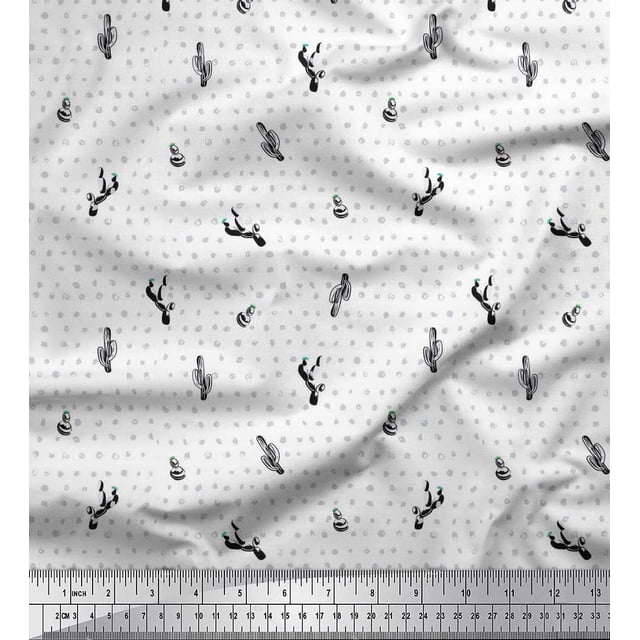 Soimoi Poly Georgette Fabric Brush Stroke & Cactus Tree Print Sewing Fabric Yard 52 Inch Wide