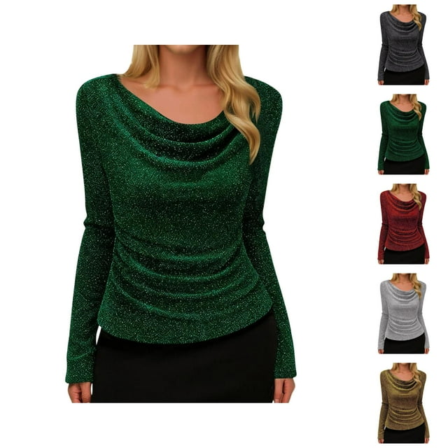 Womens Glitter Tops 2026 Spring Fashionable Long Sleeve Cowl Neck Stretch T Shirts Going out Tops Rave Outfit