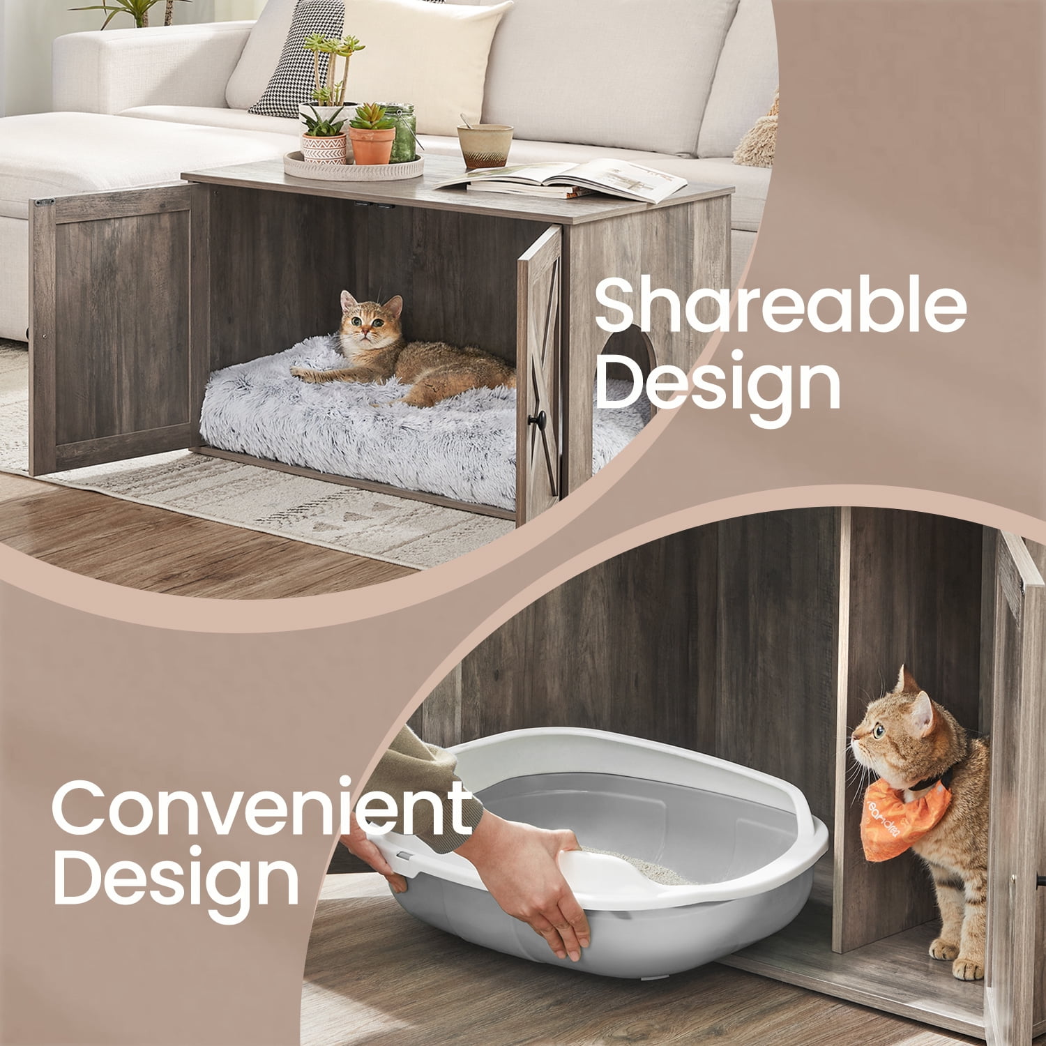 LEDREM Cat Litter Box Furniture Enclosure,Multi-Functional Hidden Washroom with Removable Divider for Indoor,L,Greige