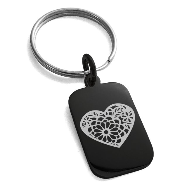 Stainless Steel Floral Lotus Heart Engraved Small Rectangle Dog Tag Charm Keychain Keyring