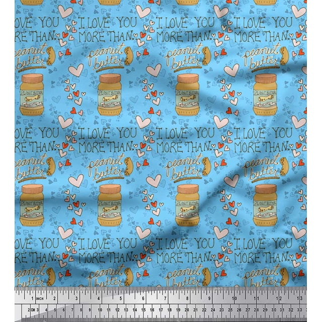 Soimoi Blue Poly Georgette Fabric Text & Peanut Butter Food Decor Fabric Printed Yard 52 Inch Wide