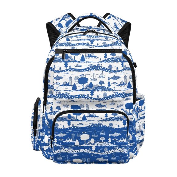 FUIALDOLG Sailboat and Wave Pattern School Bag with traspirante, Side Pockets Large Capacity 17 Inch Book Bag for Primary School Elementary School