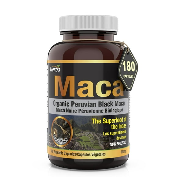 Herba Capsules de Maca Noir Bio - 500mg, 180 Gélules Maca Noir Péruvien pour Hommes et Femmes 100% Pur Poudre de Racine de Maca Bio en Capsules