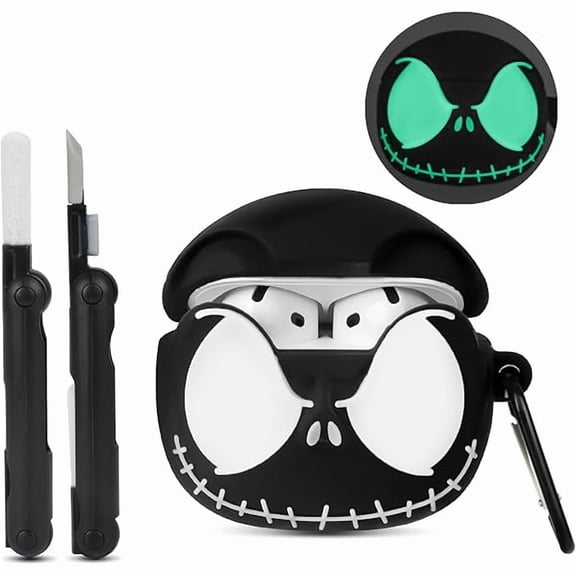 mjw001 for AirPods 4 Case Cover with Cleaner kit, [Glow in The Dark] Anime Skull Case for AirPods 4th Generation, Funny Soft Silicone Cute Cases for Apple AirPods 4 Gen for Women Men - Black